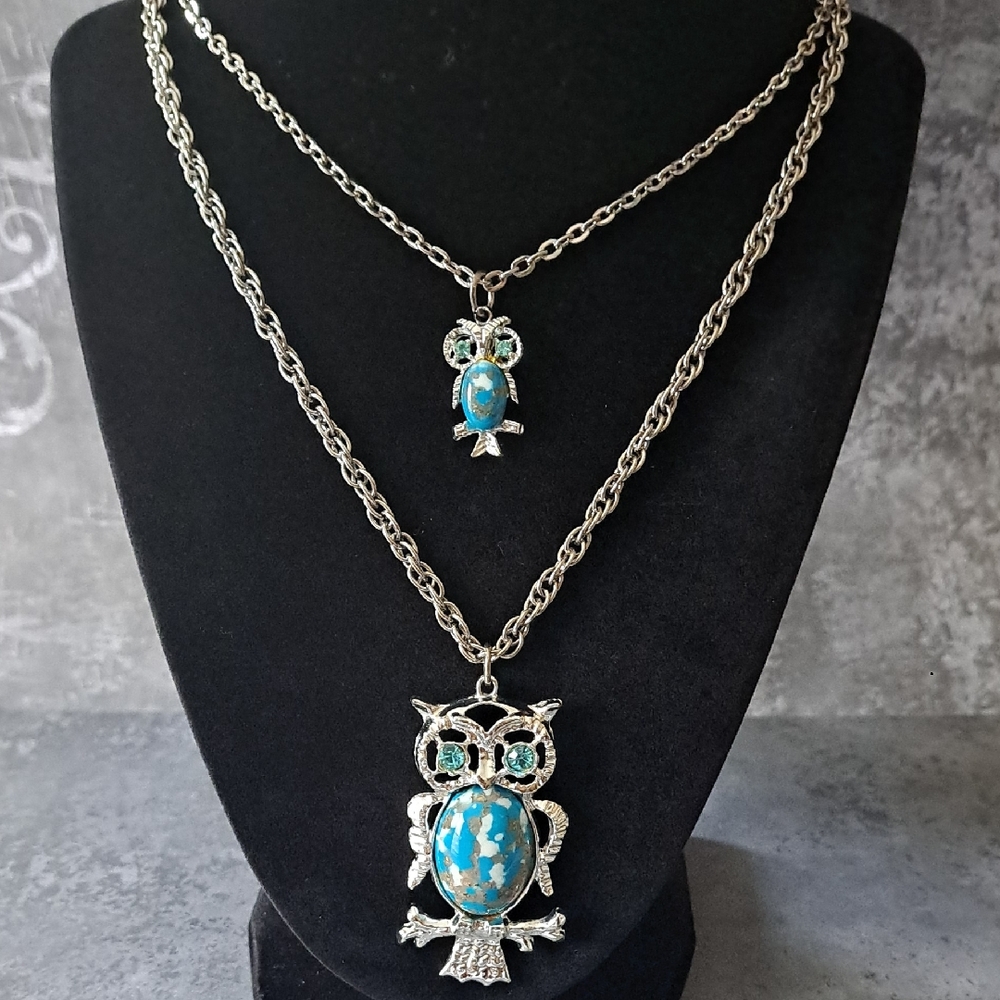 Vintage Silver-Plated Owl Pendant Double Necklace Set